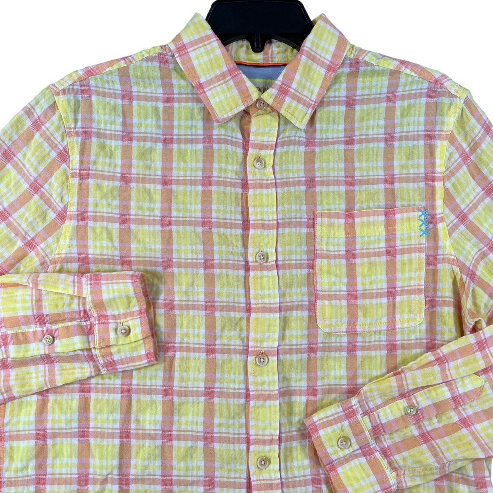 Scotch & Soda Plaid Button Down Mens M Yellow Orange Textured Casual Shirt